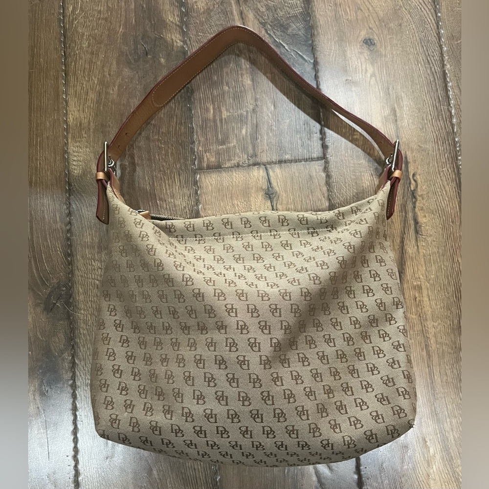 Dooney & Bourke Tan Monogram Hobo Shoulder Bag with Brown Leather Trim